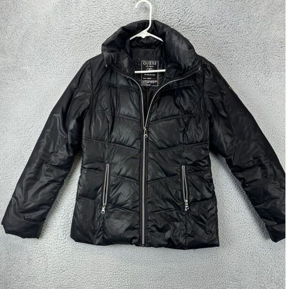Guess Goose Down Puffer Jacket Womens Small Black Softshell Full Zip Long Sleeve